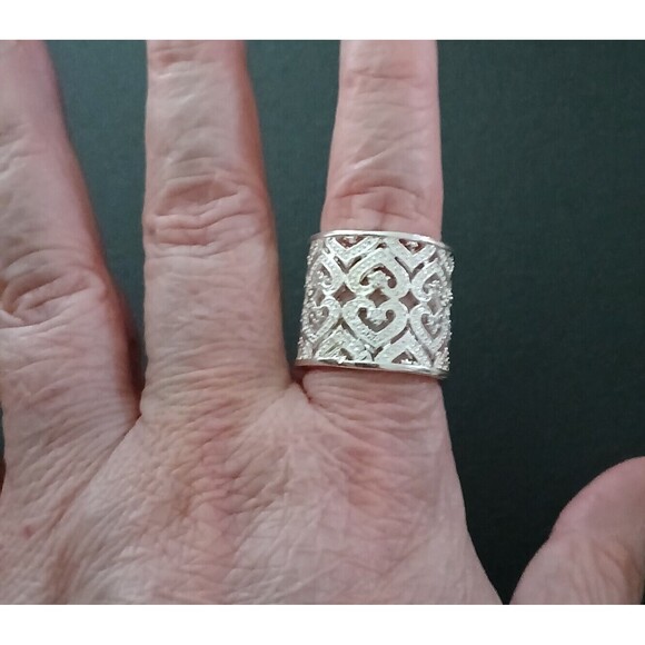925 Sterling Silver Tall Cuff Style Cigar Band Heart Ring Open Filigree Boho - Picture 3 of 10